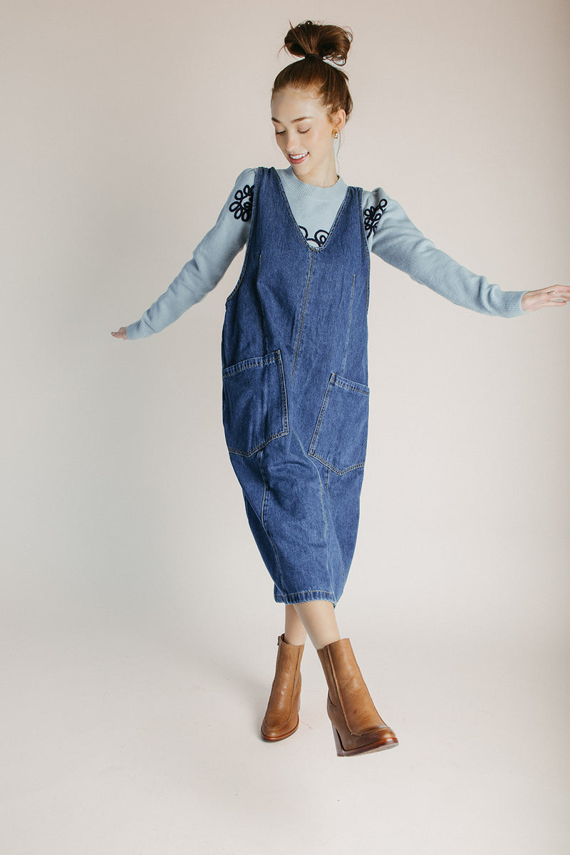 The Caffery Denim Overall Dress in Indigo Blue