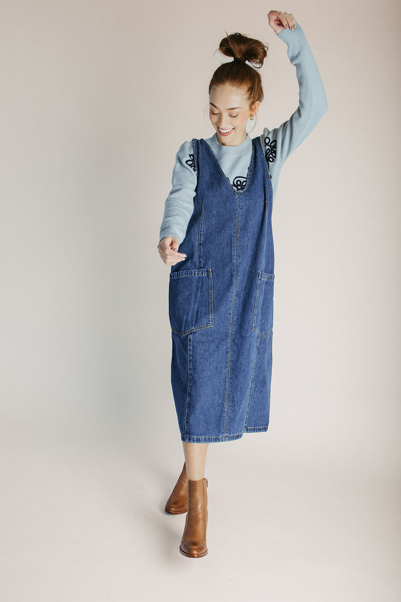 The Caffery Denim Overall Dress in Indigo Blue