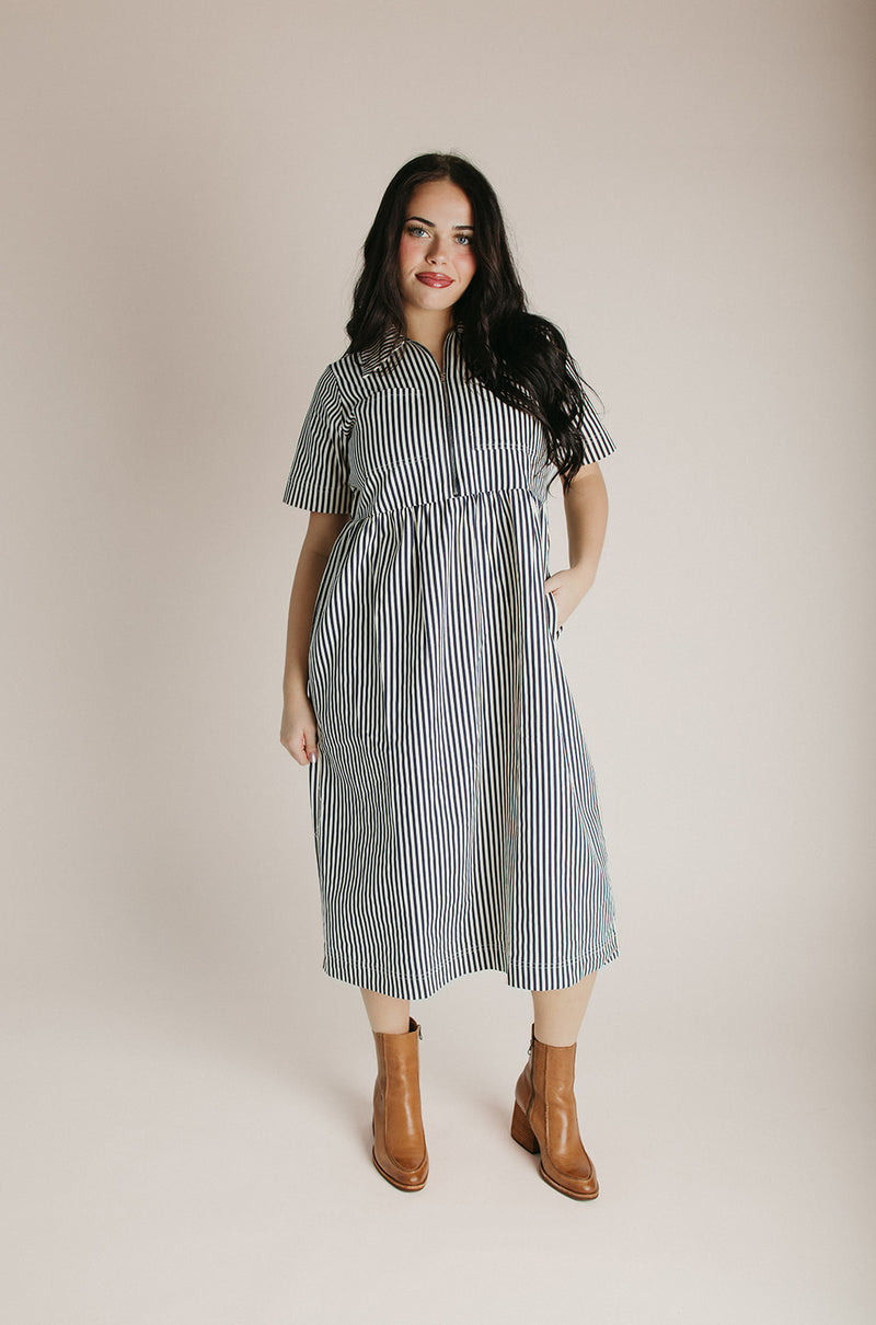 The Tenney Striped Half Zip Midi Dress in Navy + Cream
