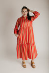 The Barton Tiered Midi Dress in Red + Taupe Stripe