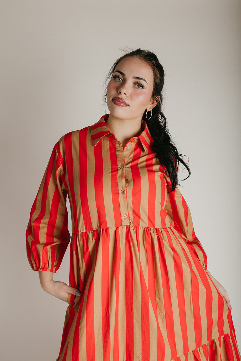 The Barton Tiered Midi Dress in Red + Taupe Stripe
