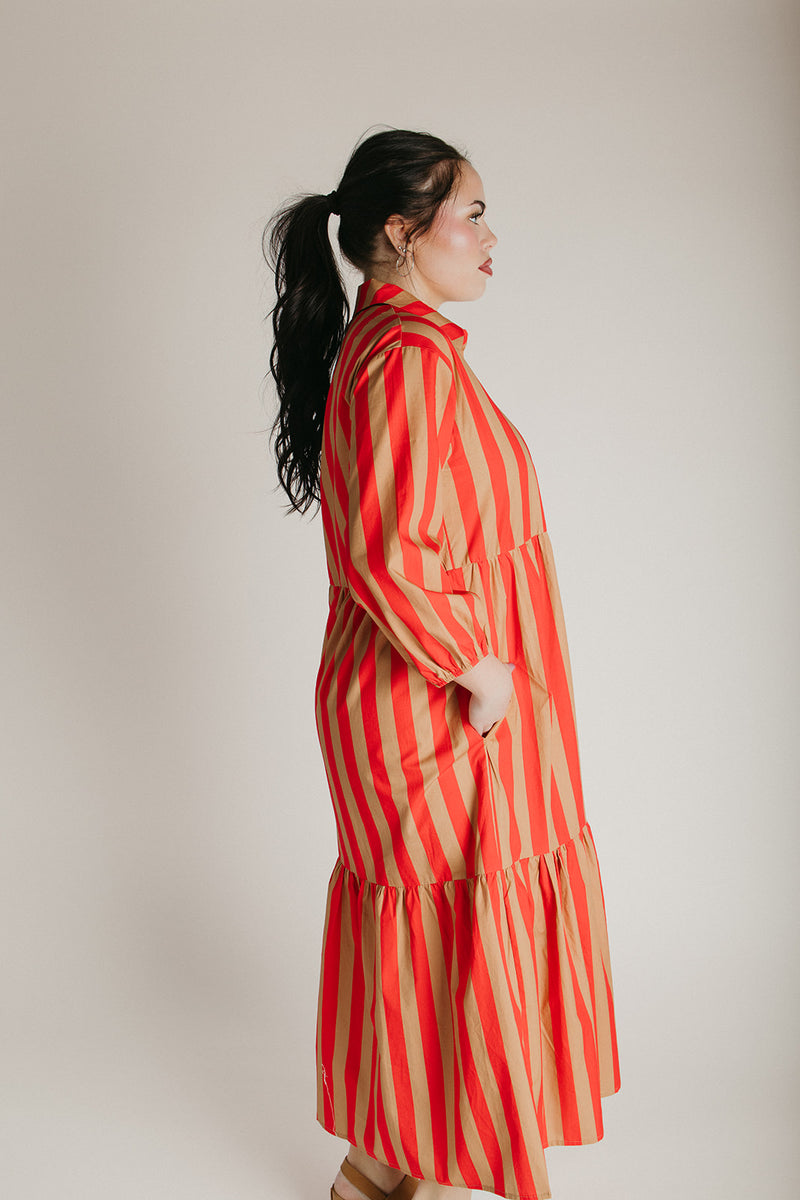 The Barton Tiered Midi Dress in Red + Taupe Stripe