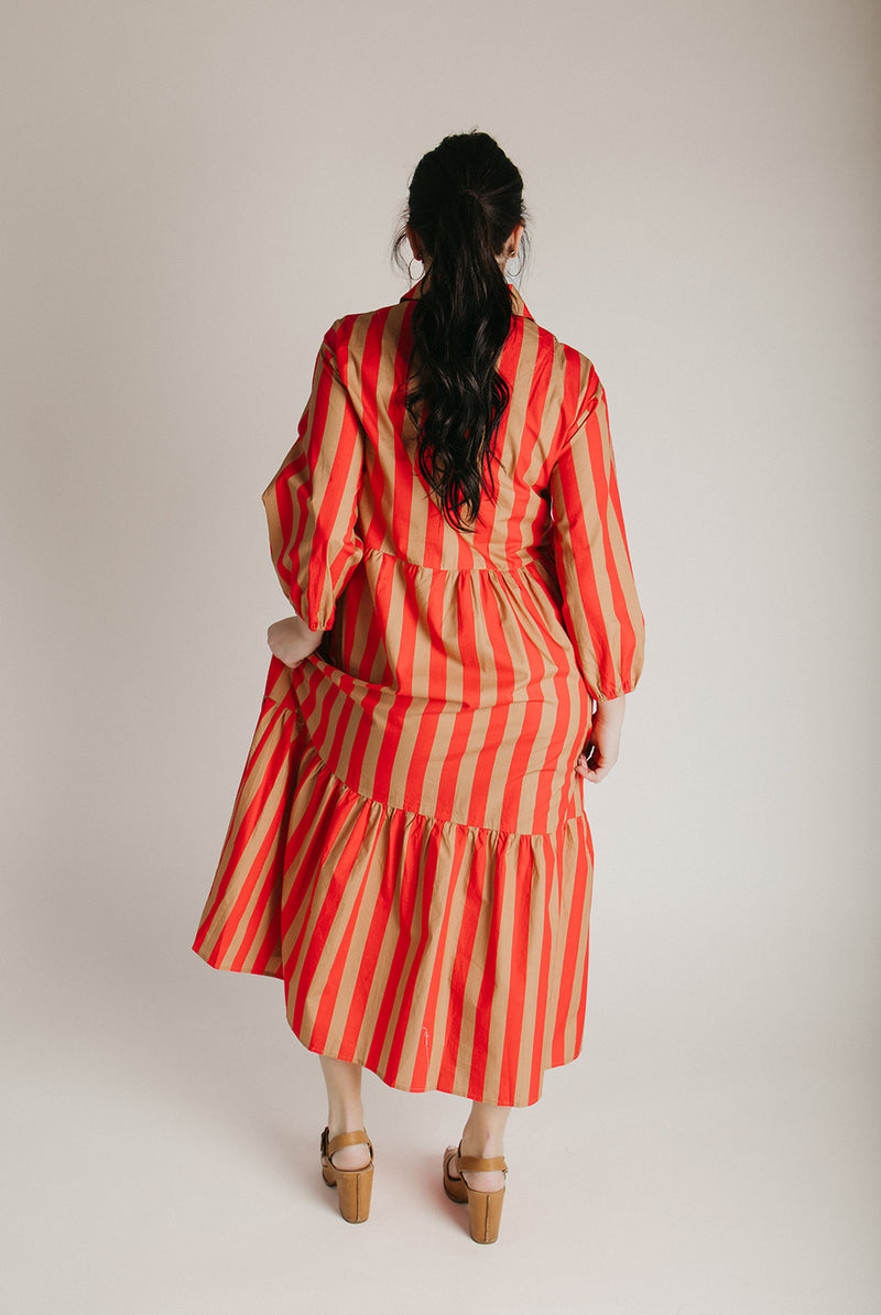 The Barton Tiered Midi Dress in Red + Taupe Stripe