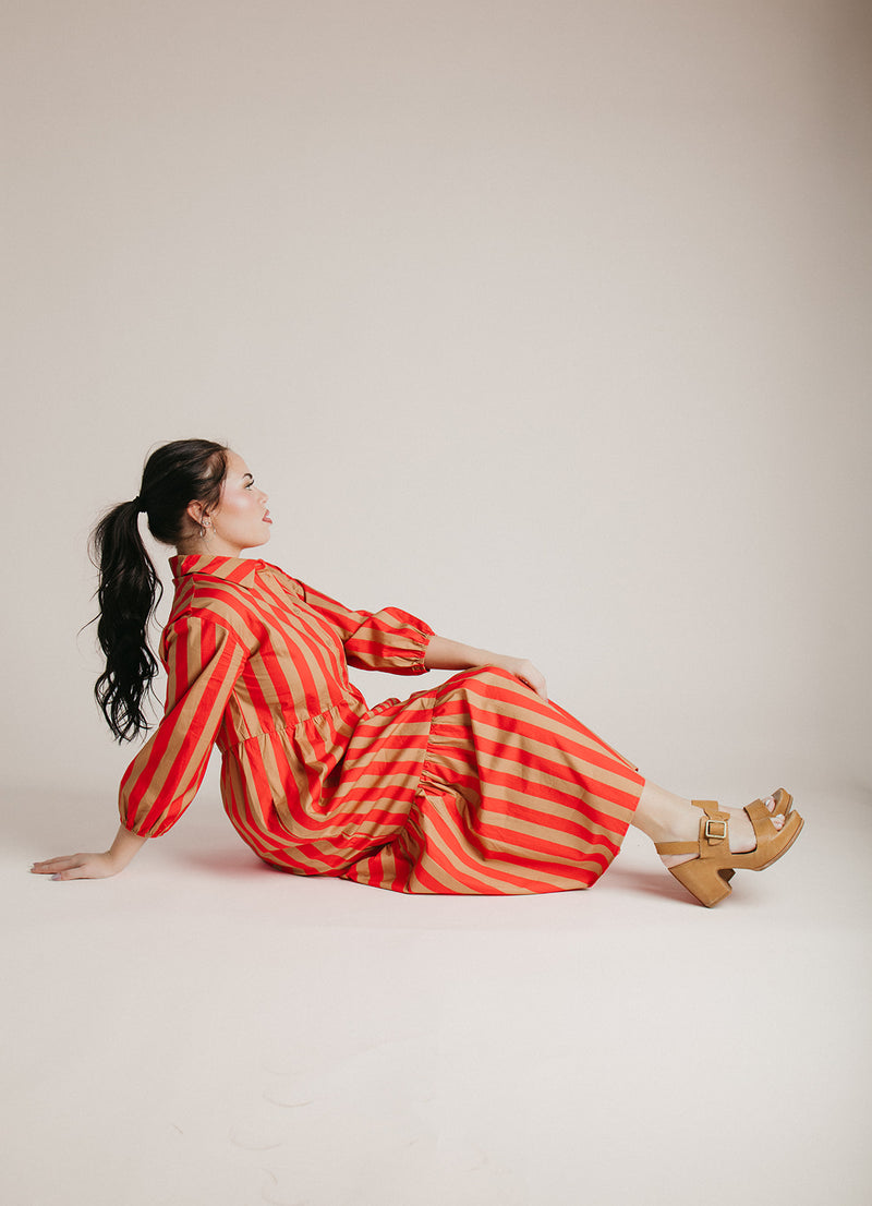 The Barton Tiered Midi Dress in Red + Taupe Stripe