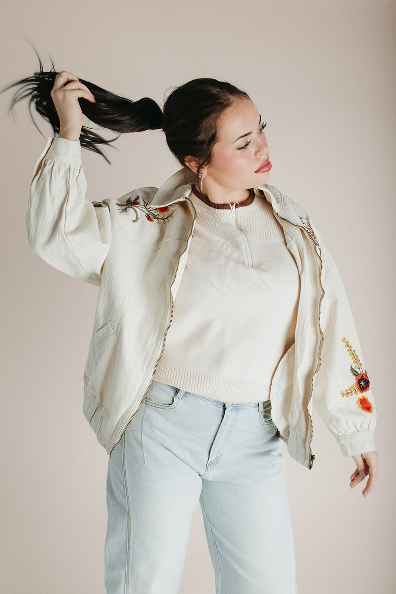 The Skilton Embroidered Denim Jacket in Cream