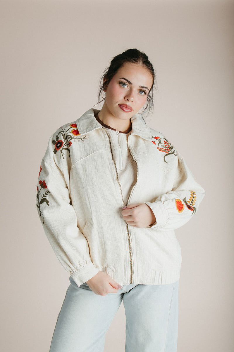 The Skilton Embroidered Denim Jacket in Cream