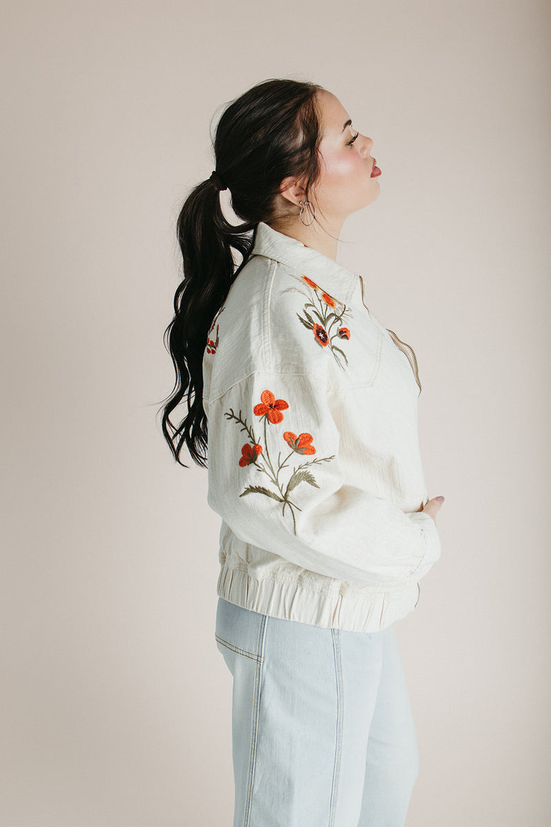 The Skilton Embroidered Denim Jacket in Cream
