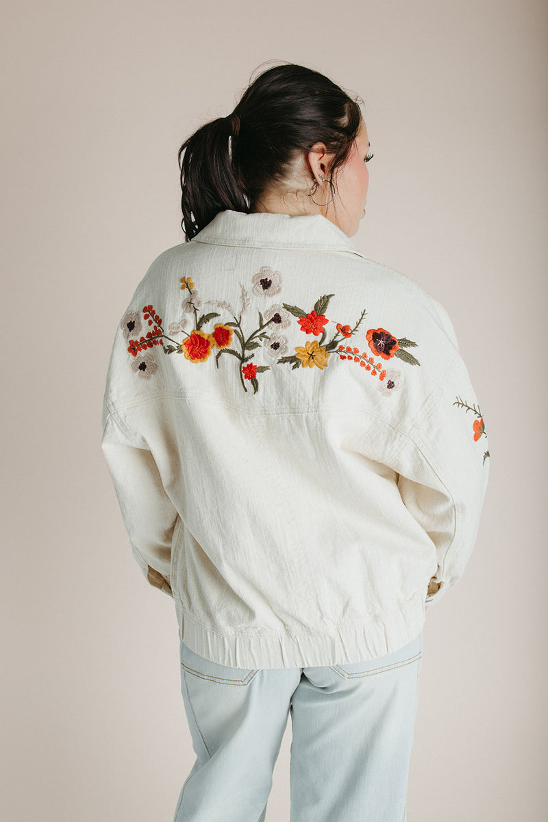 The Skilton Embroidered Denim Jacket in Cream