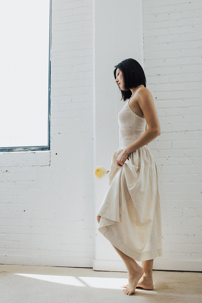 The Alyson Smocked Linen Tank Dress in Natural