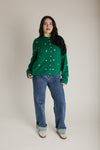 The Riggs Heart Embroidered Button-Down Sweater in Kelly Green + White
