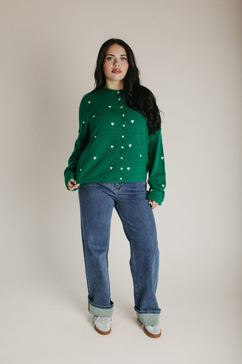 The Riggs Heart Embroidered Button-Down Sweater in Kelly Green + White