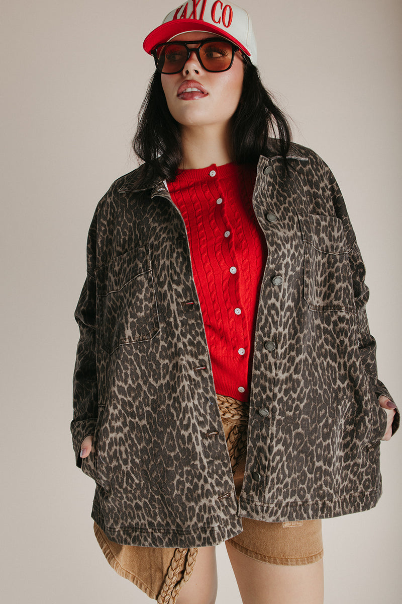 The Keara Oversized Denim Jacket In Leopard