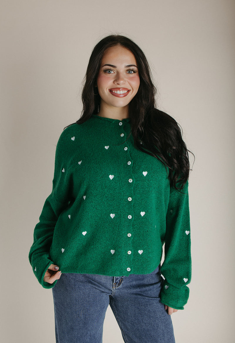 The Riggs Heart Embroidered Button-Down Sweater in Kelly Green + White