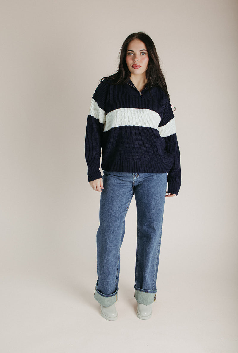 The Harrop Colorblock Half Zip Sweater in Navy + Ivory
