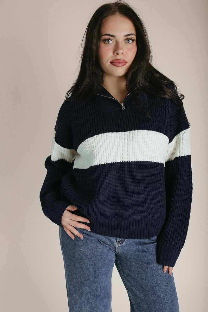 The Harrop Colorblock Half Zip Sweater in Navy + Ivory