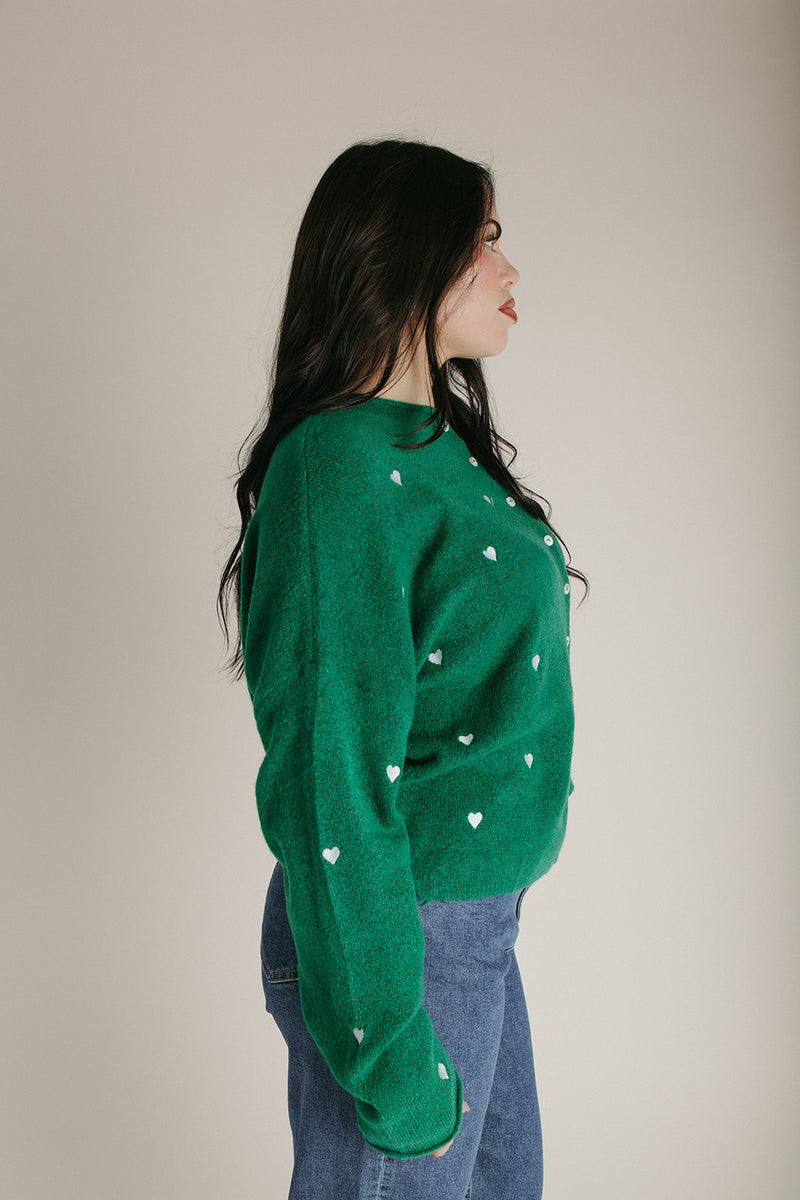 The Riggs Heart Embroidered Button-Down Sweater in Kelly Green + White