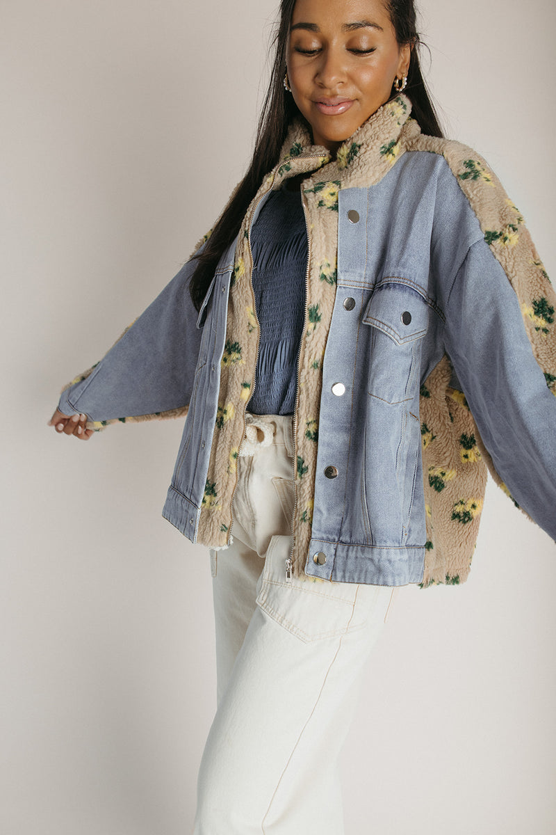 The Sarona Floral Shearling Denim Jacket in Taupe