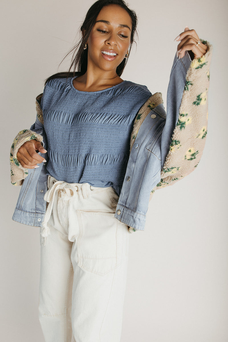 The Sarona Floral Shearling Denim Jacket in Taupe