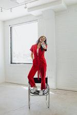 The Fleming Tie Denim Jumpsuit in Red