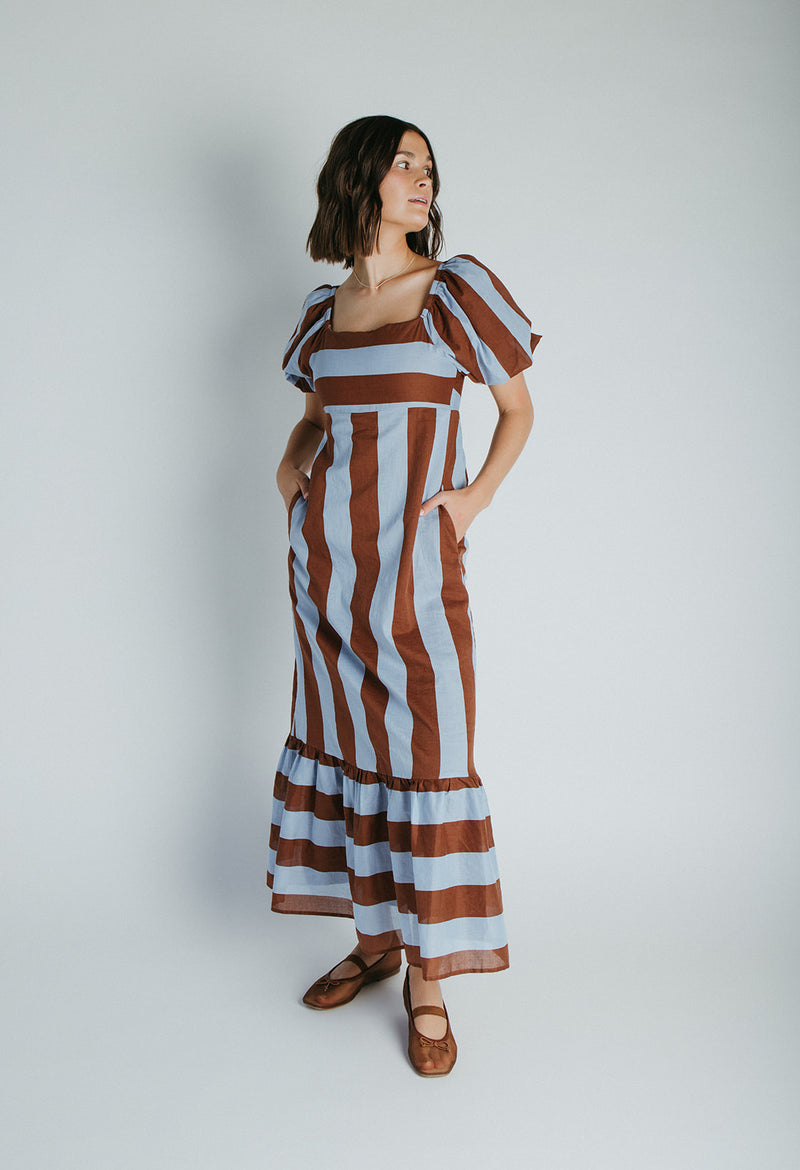 The David Square Neck Striped Dress in Brown + Blue