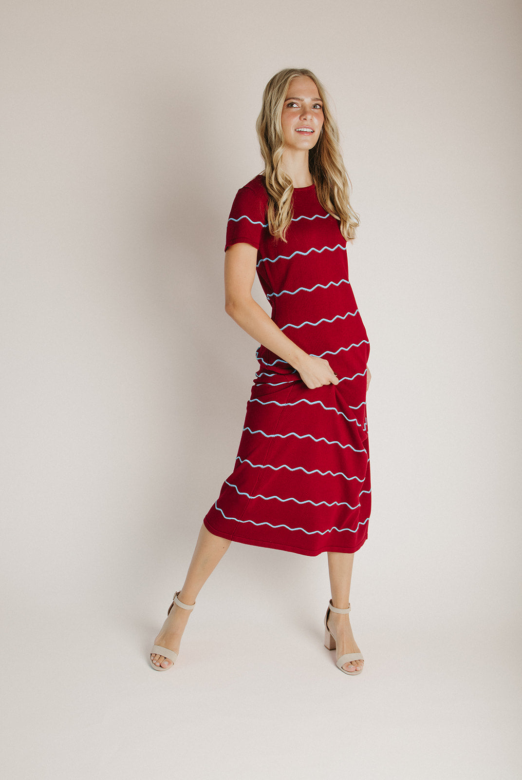 The Lorenz Striped Midi Sweater Dress in Burgundy X-Small The Lorenz Striped Midi Sweater Dress in Burgundy X-Small