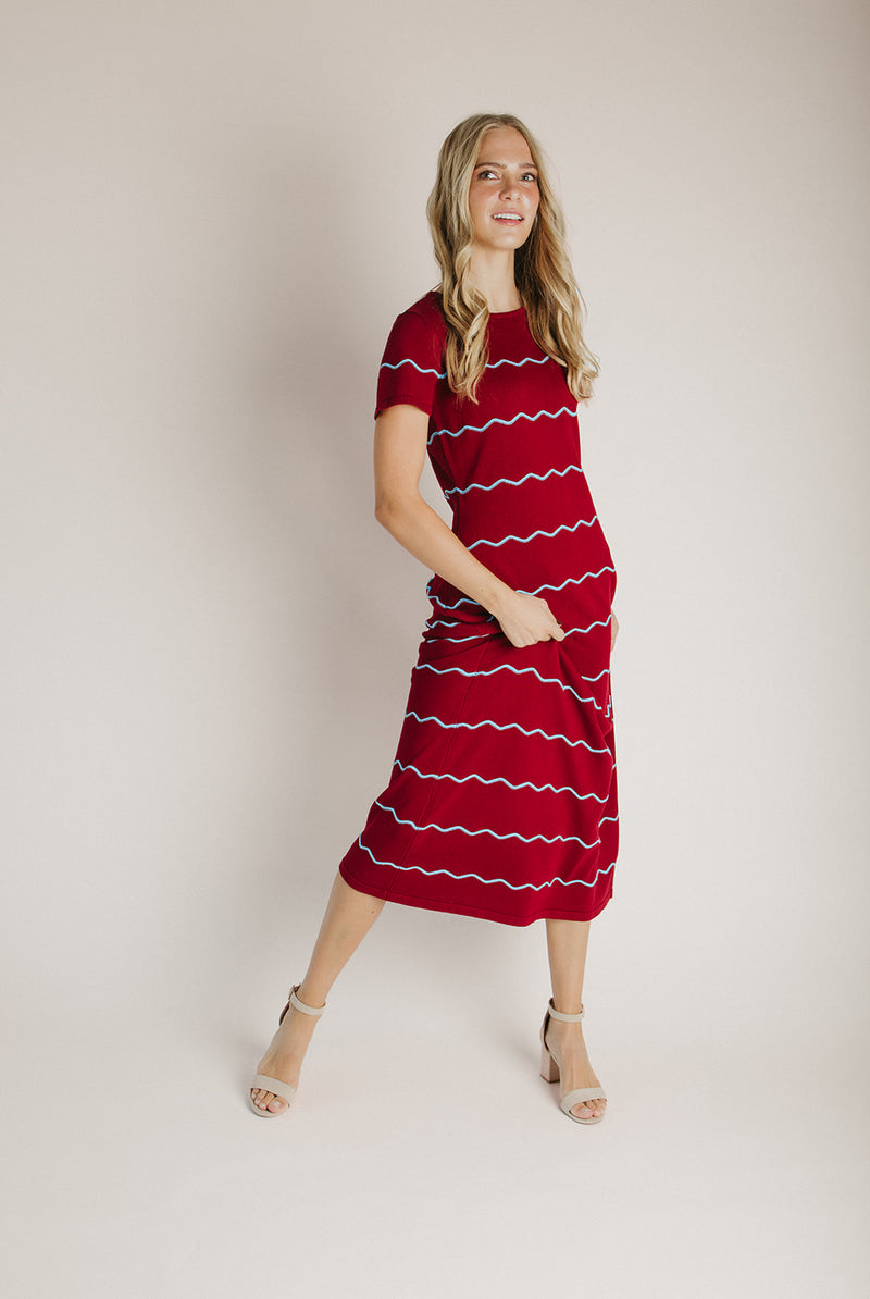The Lorenz Striped Midi Sweater Dress in Burgundy