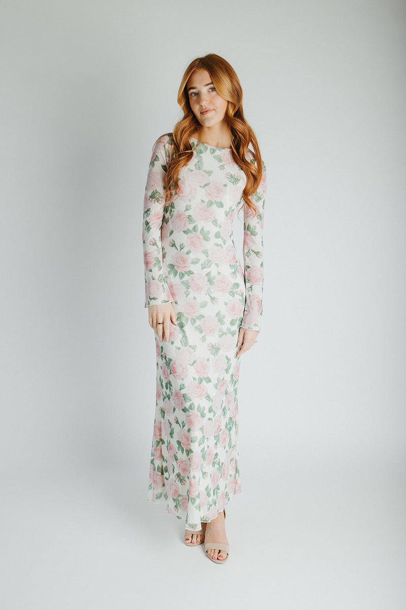 The Lizzy Bell Sleeve Maxi Dress in Light Pink Floral