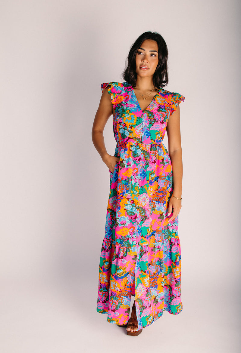 colorful maxi dress The Evianna Flutter Maxi Dress IN Fuchsia Multi (PRE-ORDER: SHIPS IN 3 WEEKS) X-Small