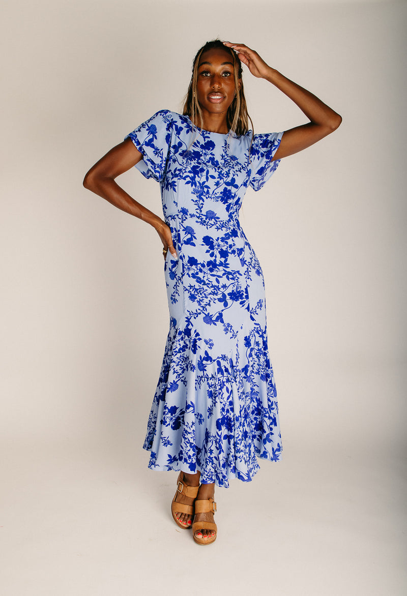 fit and flare blue midi dress The Aranda Floral Midi in + Navy Medium ROAM DROP 2 Iron on Low Temperature Type:Tortoise Shell Mosaic Stud Blue 40 Style Dresses