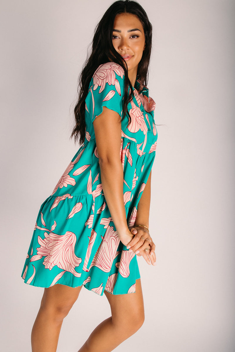 The Lexington Floral Button-Up Dress in Green + Pink Small