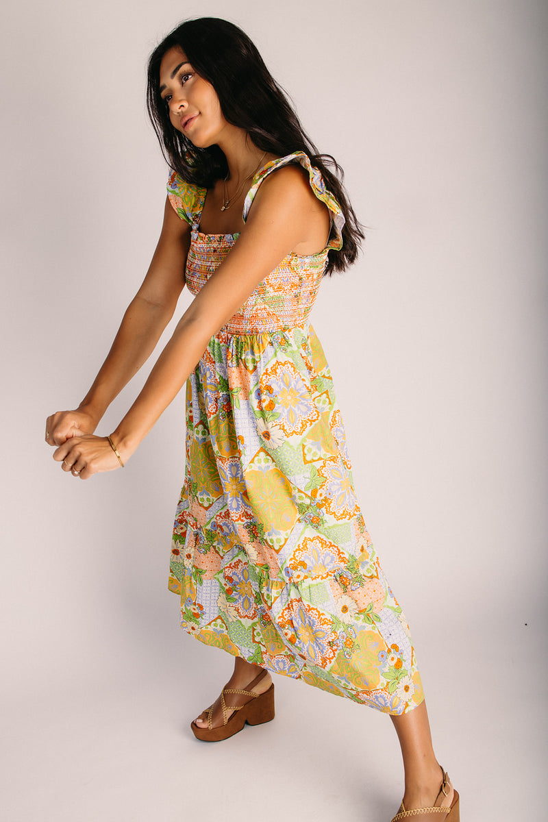 The Clawson Smocked Bodice Midi Dress in Sage Floral Medium