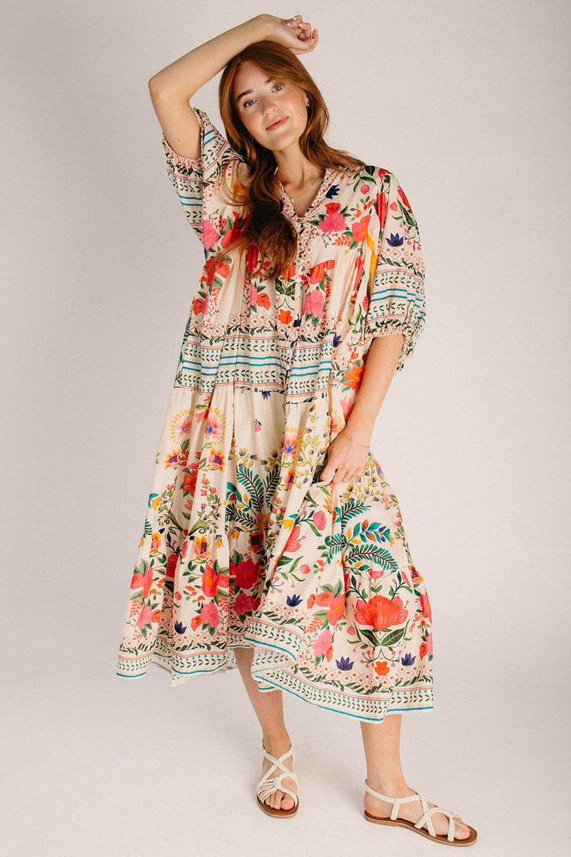 mid flowy dress The Sorano Floral Button-Up Maxi Dress in Natural Multi (SHIPS MID JULY) M/L