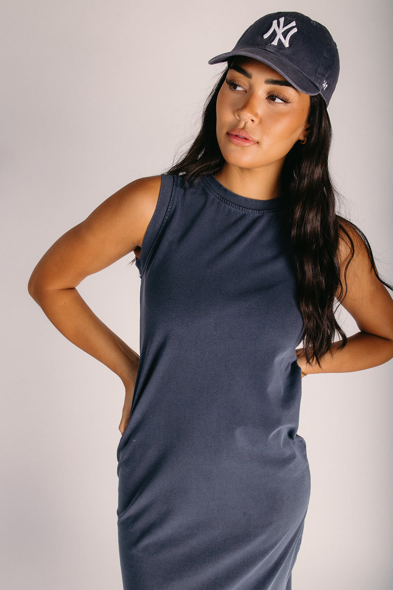 sleeveless t shirt dress The Daviston Side-Slit Midi Shirt Dress in Navy – Piper & Scoot