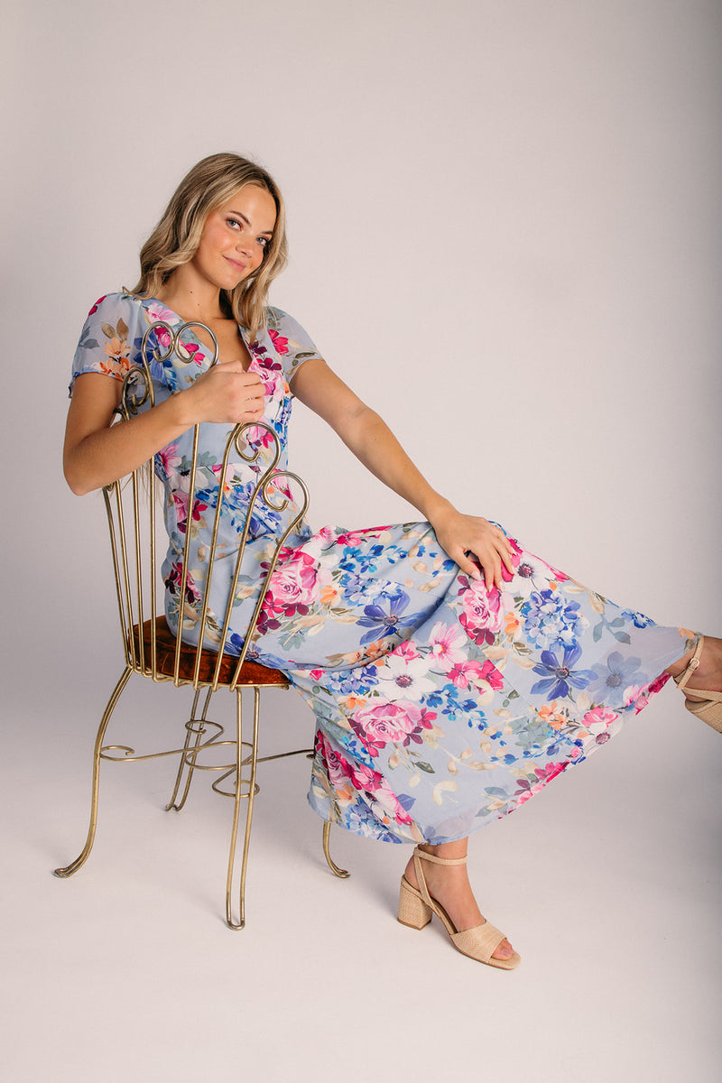 camille dress The Camille V-Neck Flutter Sleeve Maxi Dress in Blue Floral – Piper & Scoot