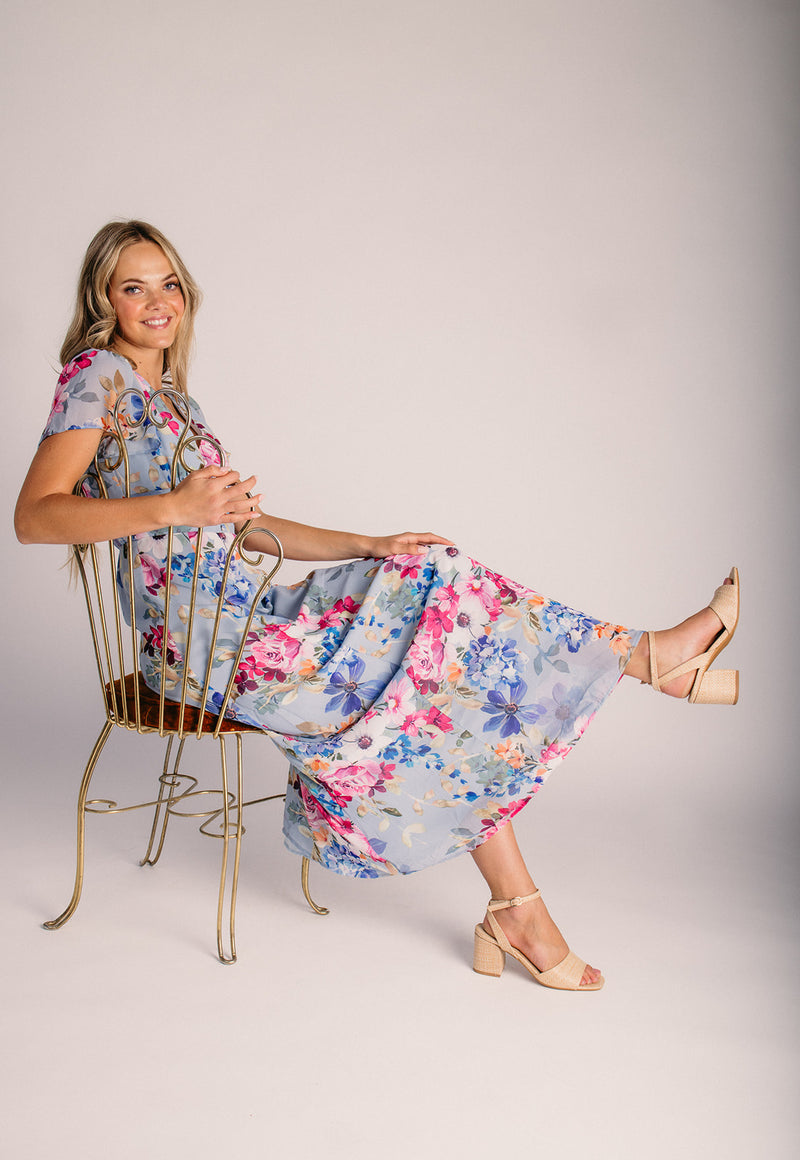 The Camille V-Neck Flutter Sleeve Maxi Dress in Blue Floral Small