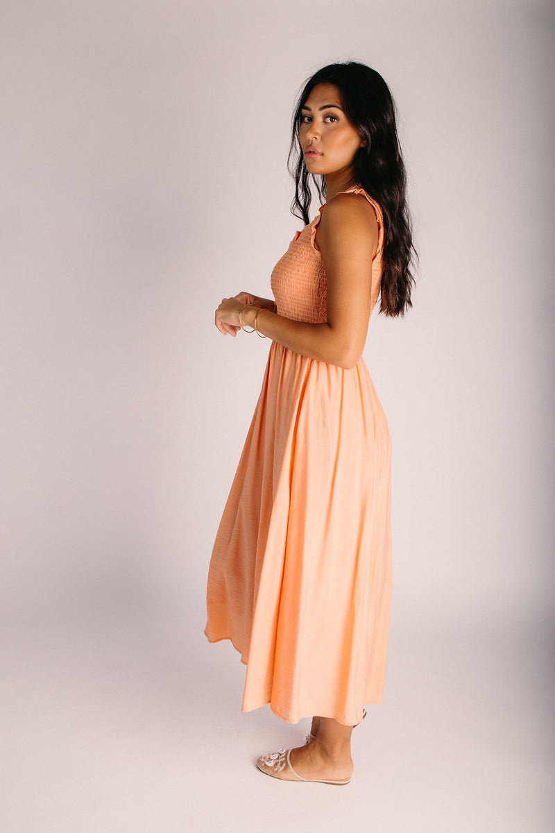 The Cordova Smocked Detail Midi Dress in Light Orange – Piper & Scoot