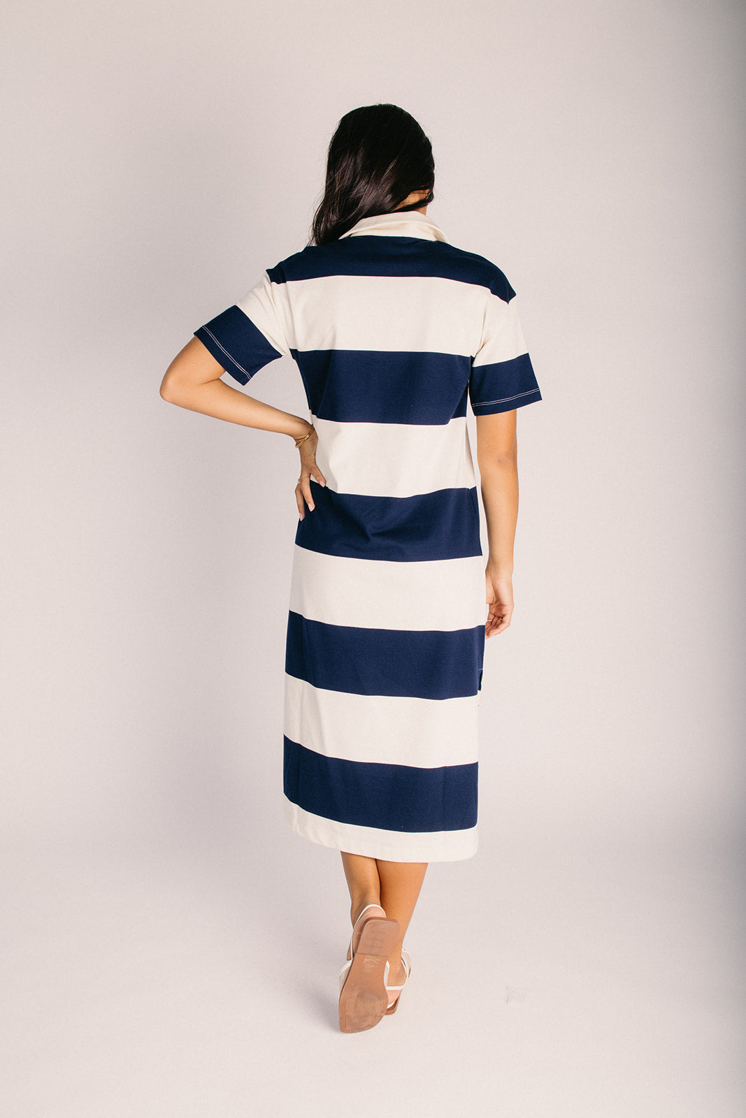 The Bolivar Collared Midi Dress in Navy + White Stripe Small