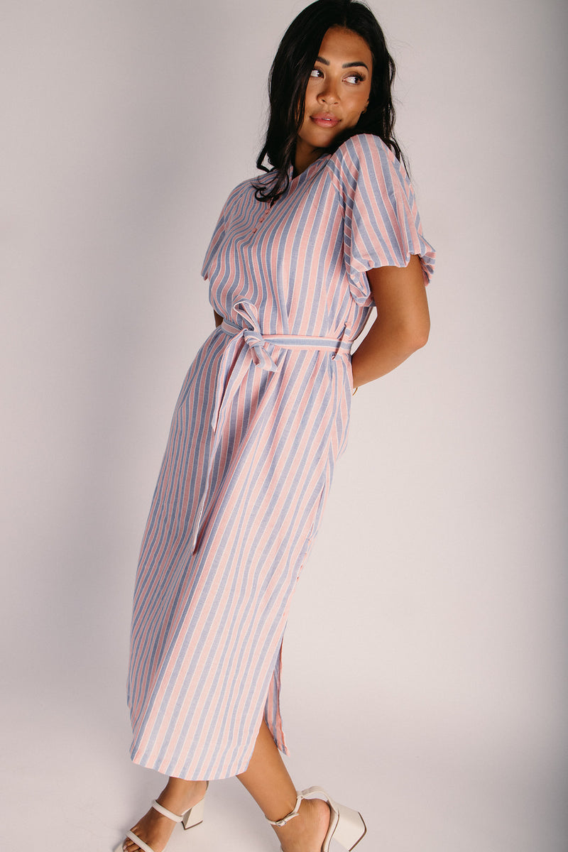 striped midi wrap dress The Rawlins Textured Midi Wrap Dress in Red Small