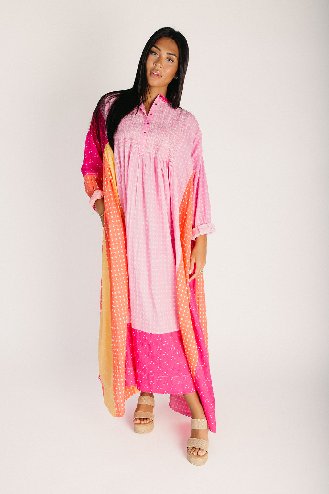 The Elaris Floral Button-Up Midi Dress in Fuchsia + Orange Multi