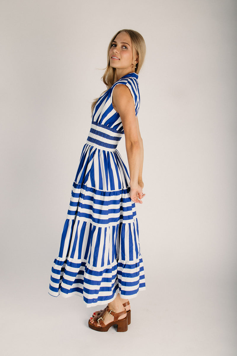 maxi striped dress The Frezza Striped V-Neck Maxi Dress in Blue Large