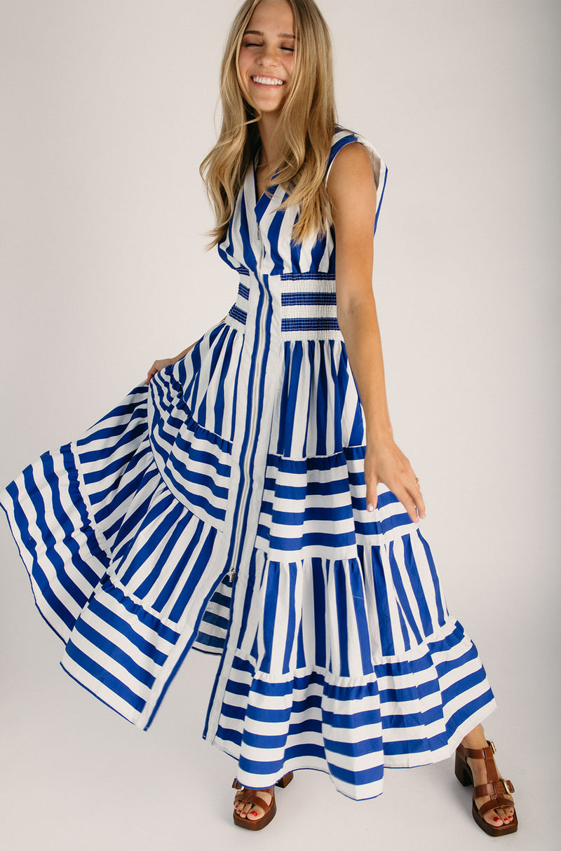 blue white striped maxi dress The Frezza Striped V-Neck Maxi Dress in Blue Large