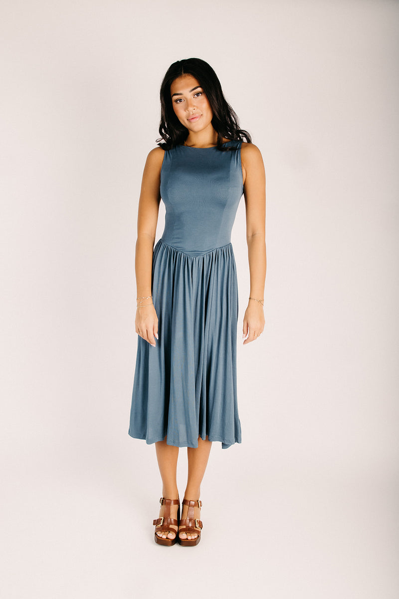 blue boatneck dress Dusty Blue boat neck Flared-Top Maxi Dress