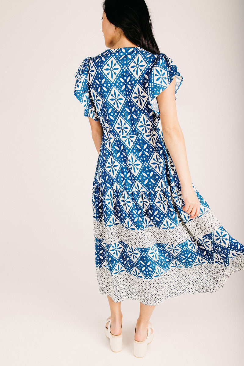 The Marcelle Patterned Midi Dress in Blue
