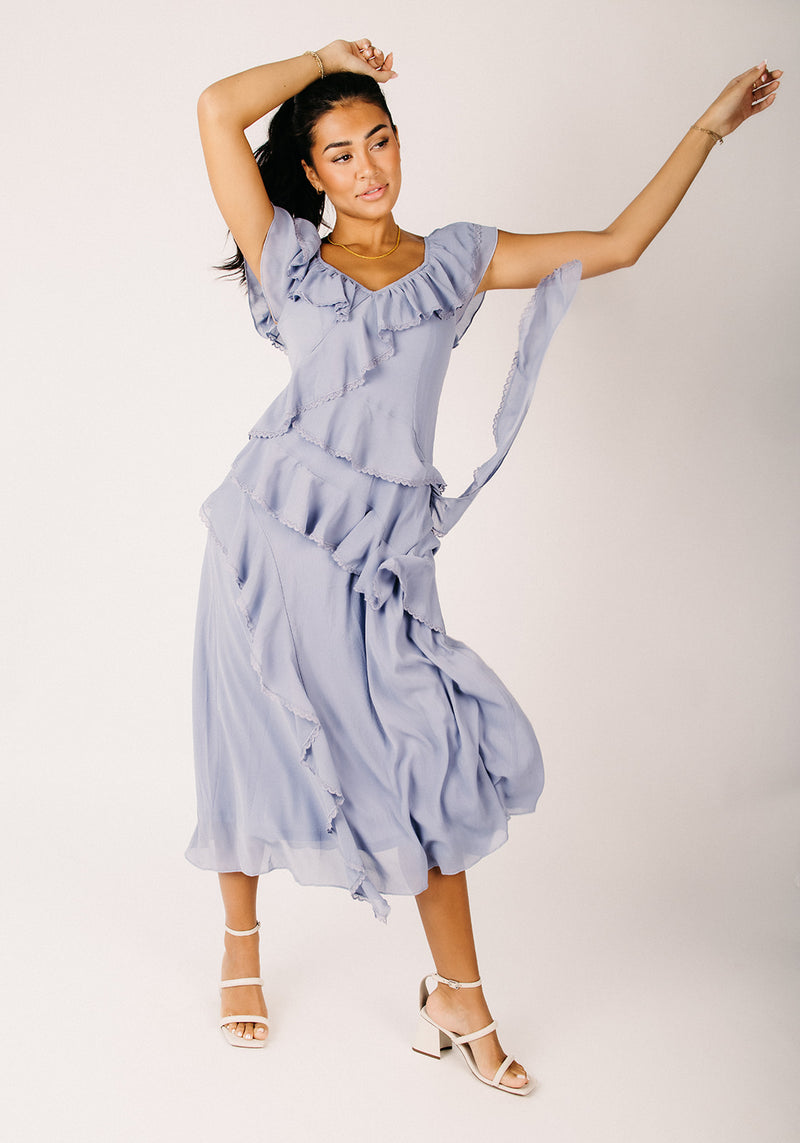 dusty blue maxi dress The Tenorio Ruffle Detail Maxi Dress in Dusty Blue – Piper & Scoot