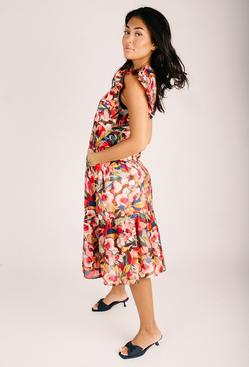 ruffle shoulder midi dress The Sampair Ruffle Sleeve Midi Dress in Floral Multi Medium