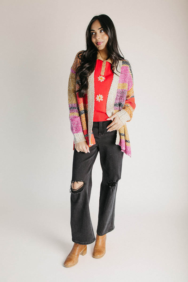 The Kiernan Oversized Cardigan in Fuchsia + Mustard Multi – Piper