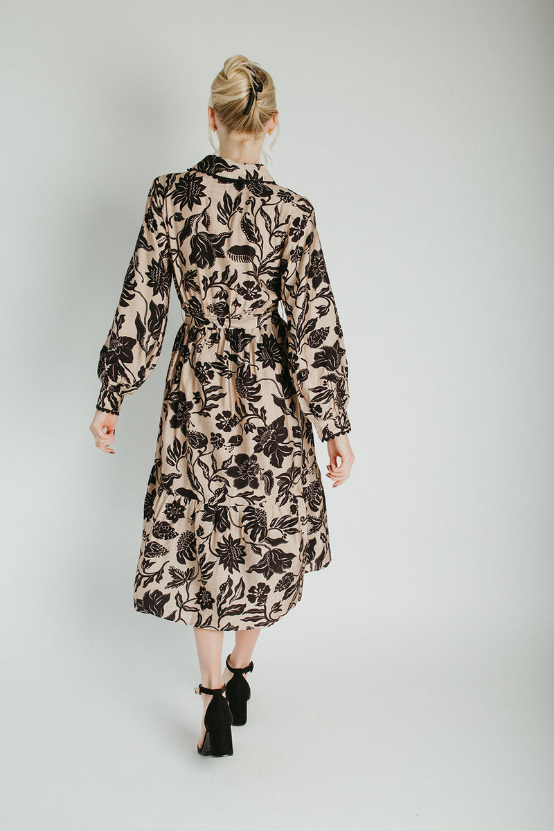The Martinka Floral Button-Up Midi Dress in Oatmeal