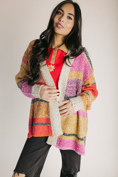 The Kiernan Oversized Cardigan in Fuchsia + Mustard Multi – Piper