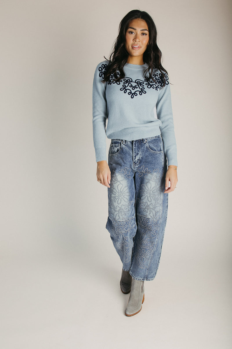 The Sadie Knit Floral Sweater in Sky Blue