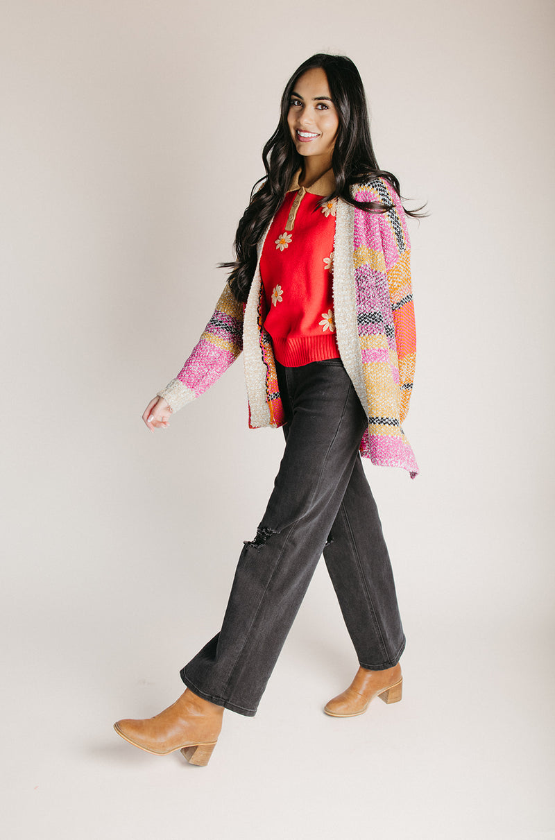 The Kiernan Oversized Cardigan in Fuchsia + Mustard Multi – Piper